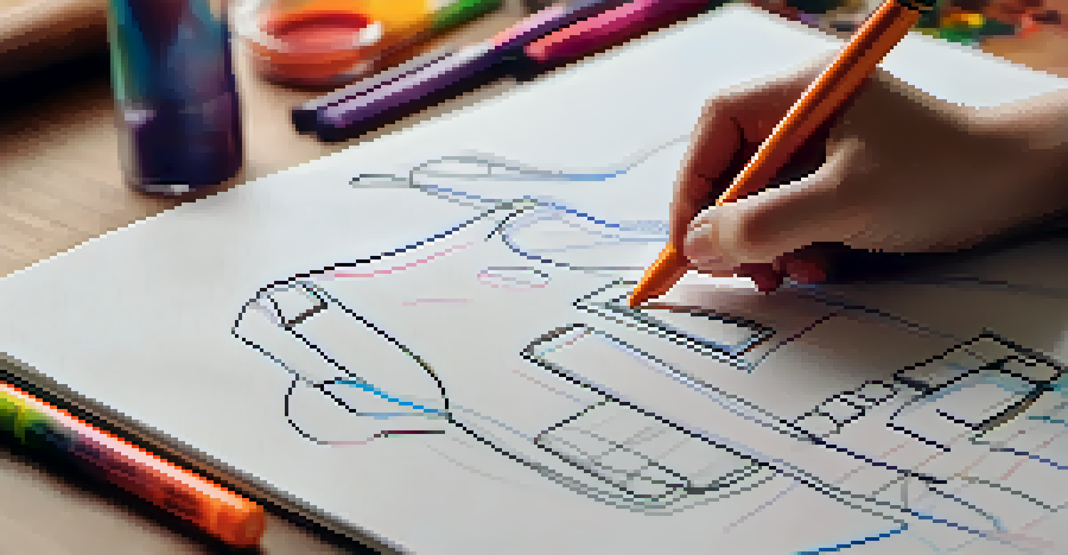 A close-up of hands sketching a product design on a notepad with colorful markers around, in a warm and cozy setting.