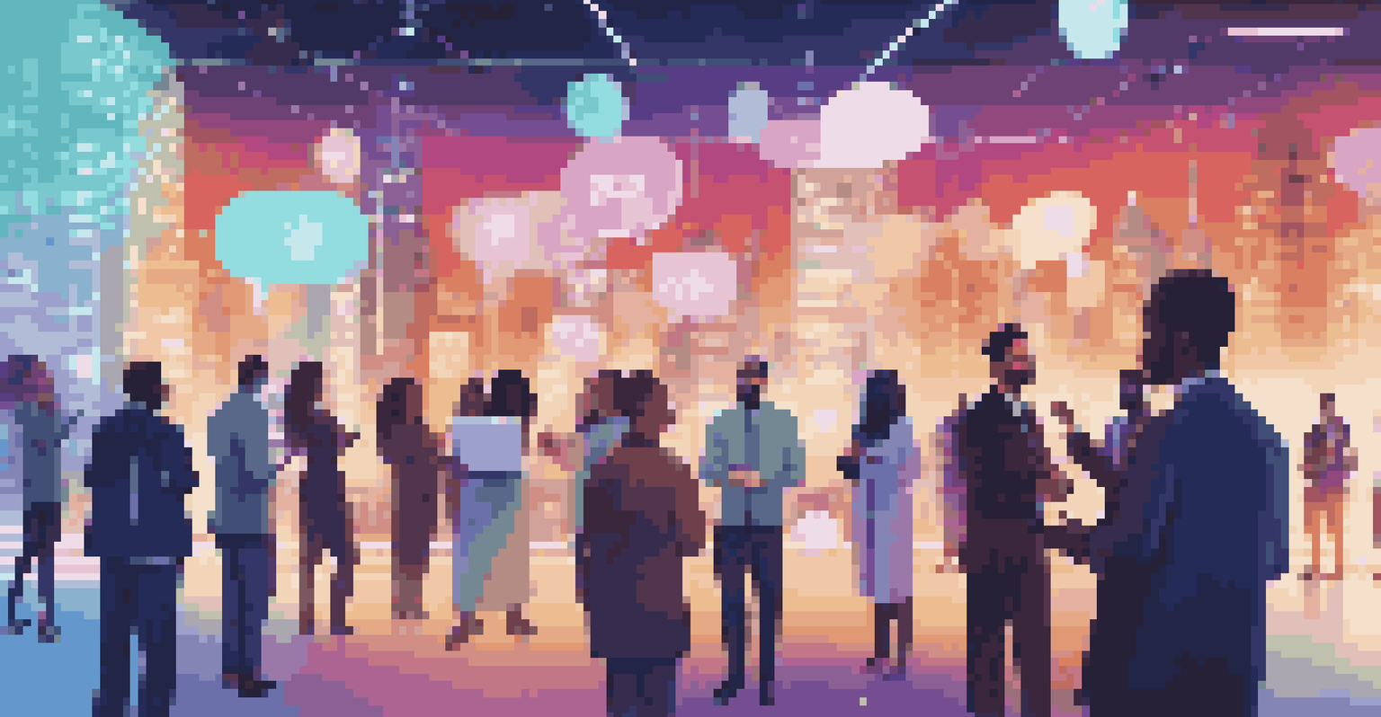A virtual networking event with diverse avatars of professionals interacting in a futuristic digital setting.
