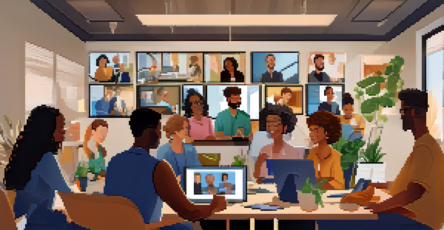 A video conference call with diverse remote workers displayed on multiple screens, each in their own unique home office.