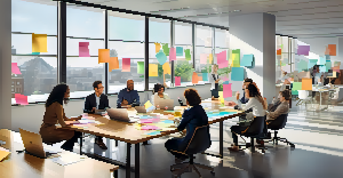 A group of diverse professionals collaborating around a table in a well-lit modern office, with laptops and colorful notes present.