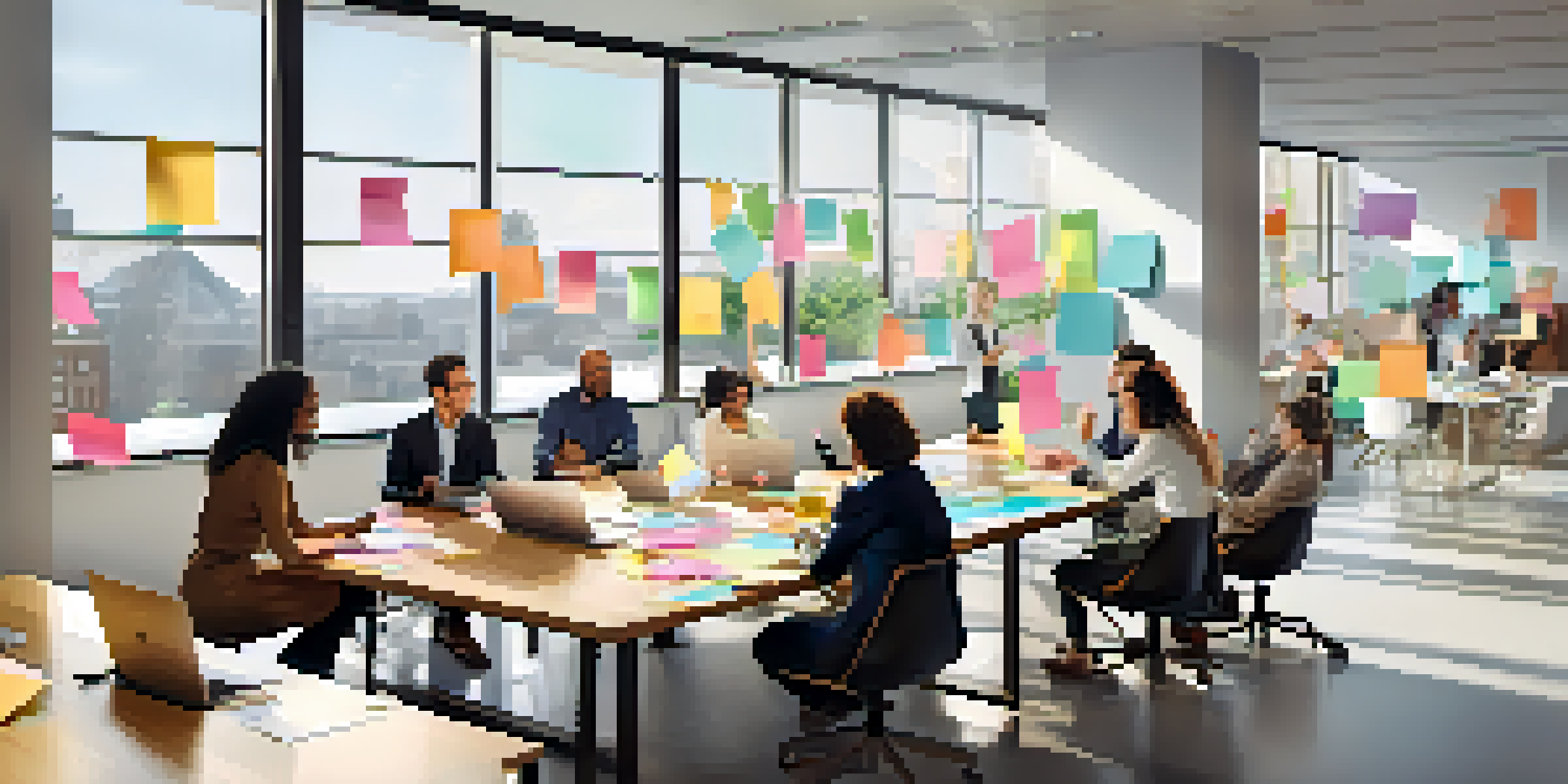 A group of diverse professionals collaborating around a table in a well-lit modern office, with laptops and colorful notes present.