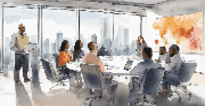 A diverse group of professionals engaged in a collaborative meeting in a bright conference room with a city skyline view.