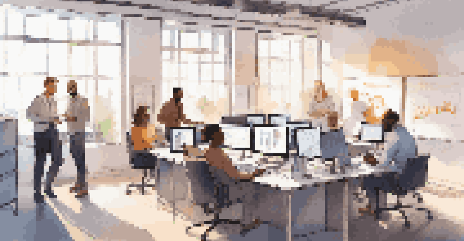 A diverse group of professionals working together on a blockchain project in a bright office environment.