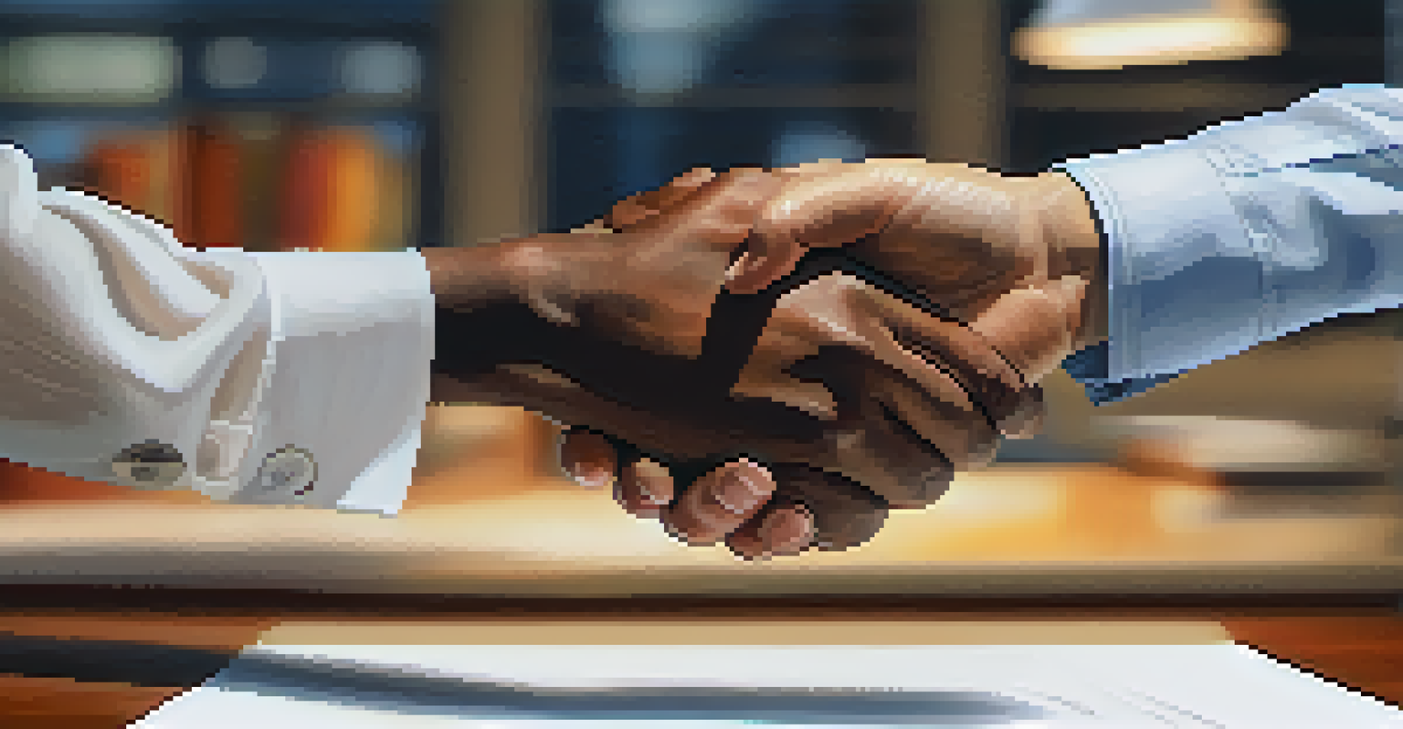 Close-up of a handshake between two individuals, representing respect and collaboration in a workplace.