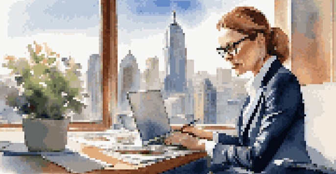 A professional woman in a business suit at a desk, looking at salary research on her laptop with a city view behind her.