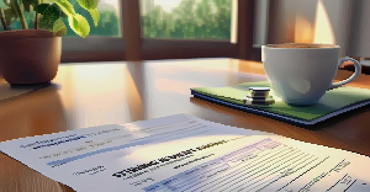A close-up view of a high-yield savings account statement on a wooden desk, next to a cup of coffee and a plant, illuminated by sunlight from a window.