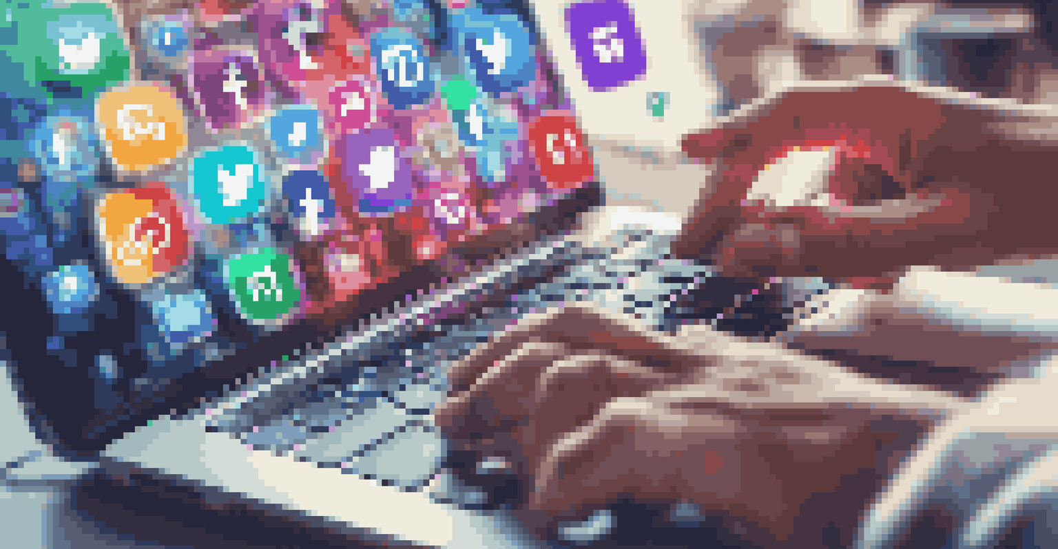 A close-up of a hand typing on a laptop keyboard, with colorful social media icons hovering above, symbolizing digital networking.
