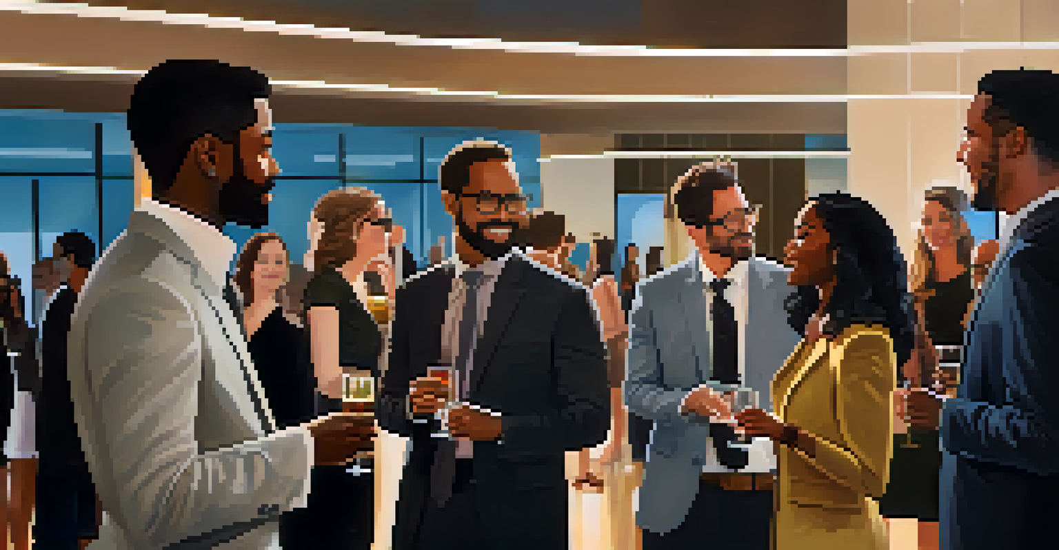 A group of diverse professionals networking at a stylish event, discussing ideas with drinks in hand.