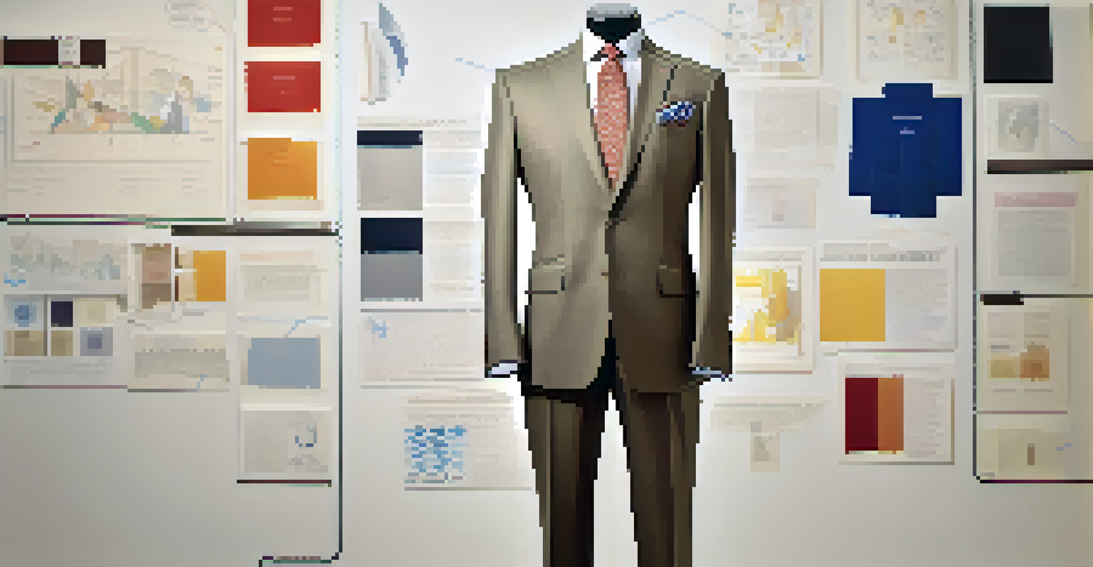 A tailored suit made of portfolio elements displayed on a mannequin.