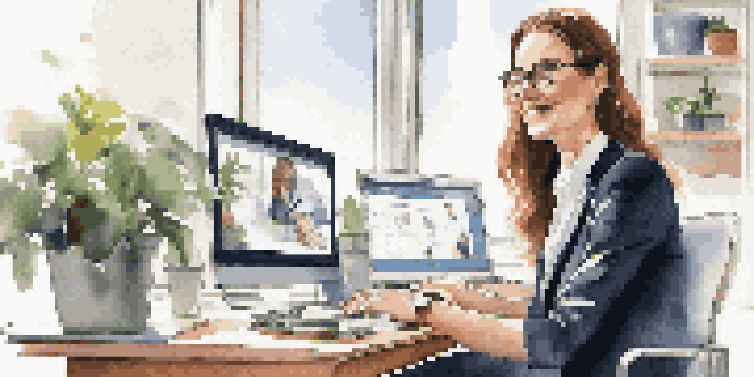 A professional woman working on her laptop at a desk with LinkedIn open, showcasing a bright and inviting work environment.