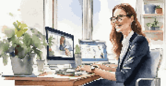 A professional woman working on her laptop at a desk with LinkedIn open, showcasing a bright and inviting work environment.
