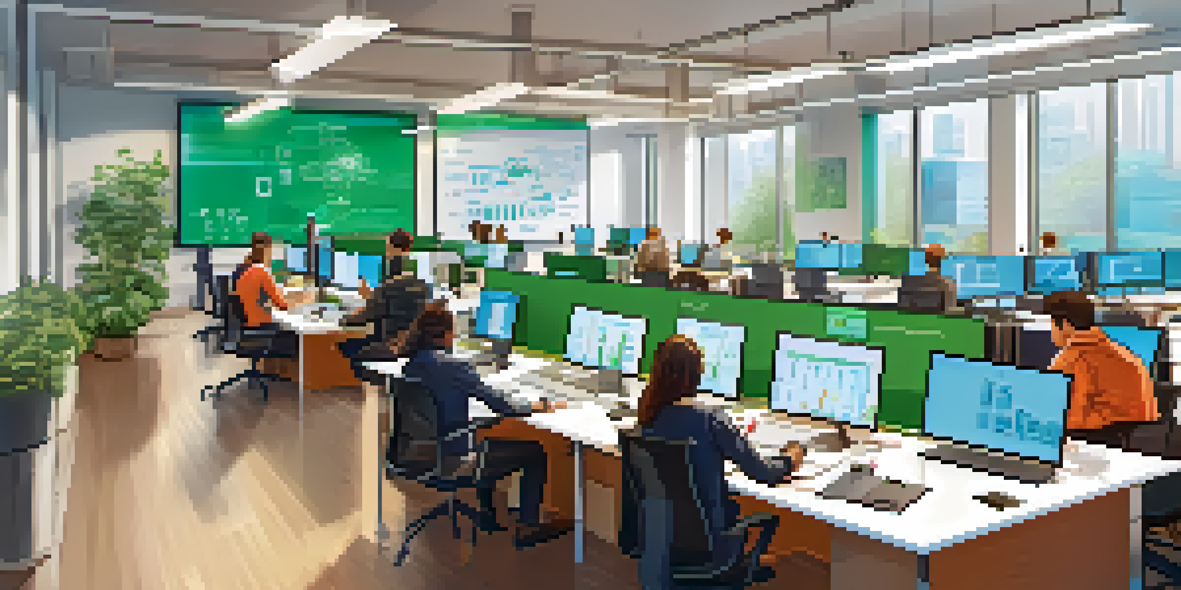 A diverse group of professionals collaborating in a modern office setting, surrounded by laptops and whiteboard diagrams, filled with natural light.