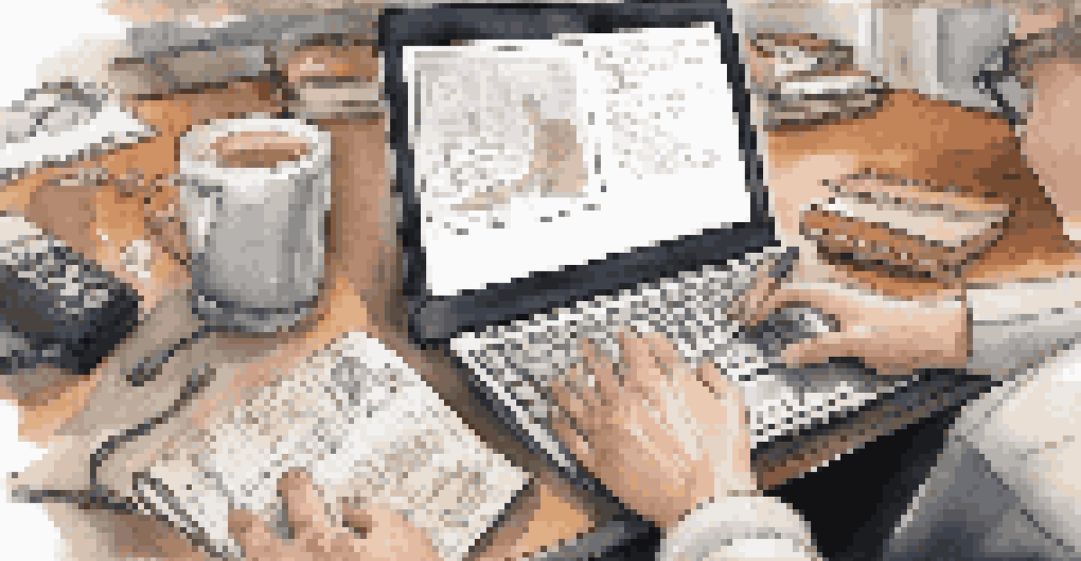 Close-up of hands collaborating on a laptop with a cup of coffee and notes in focus, symbolizing teamwork and critical thinking.