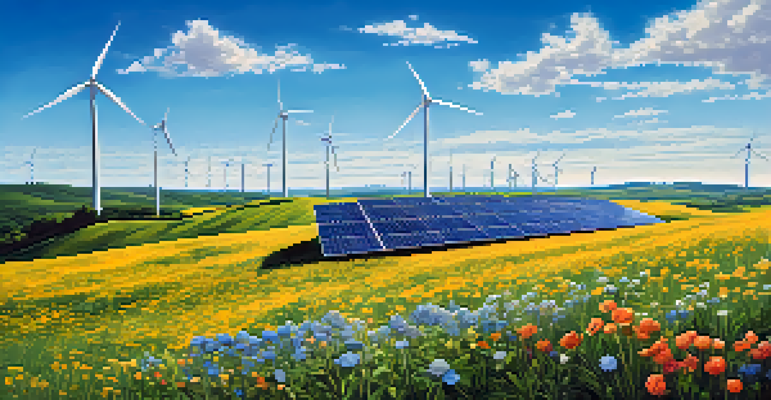 A landscape featuring wind turbines and solar panels in a field of wildflowers under a clear blue sky.