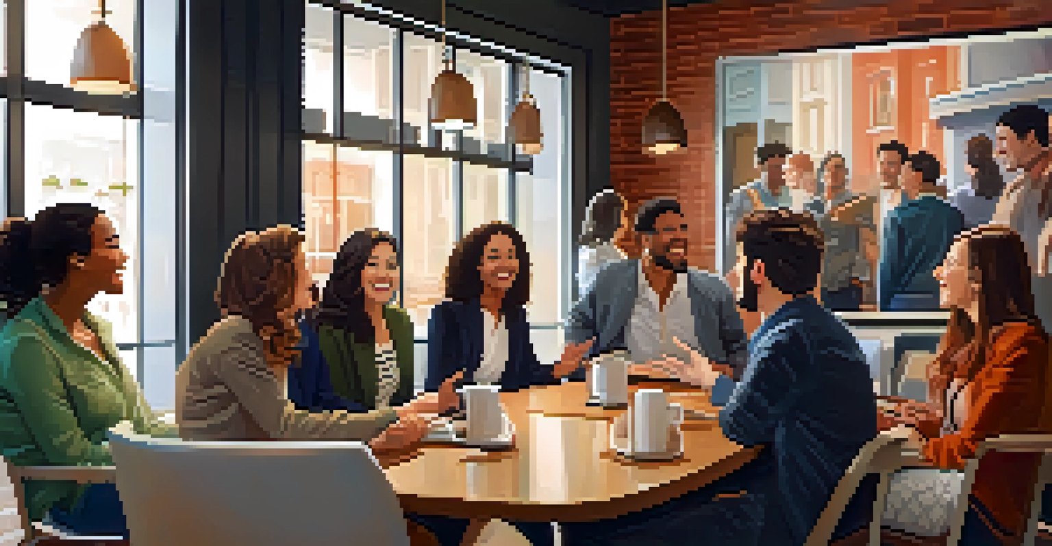A person delivering an elevator pitch in a café, surrounded by an engaged audience, conveying confidence and enthusiasm.