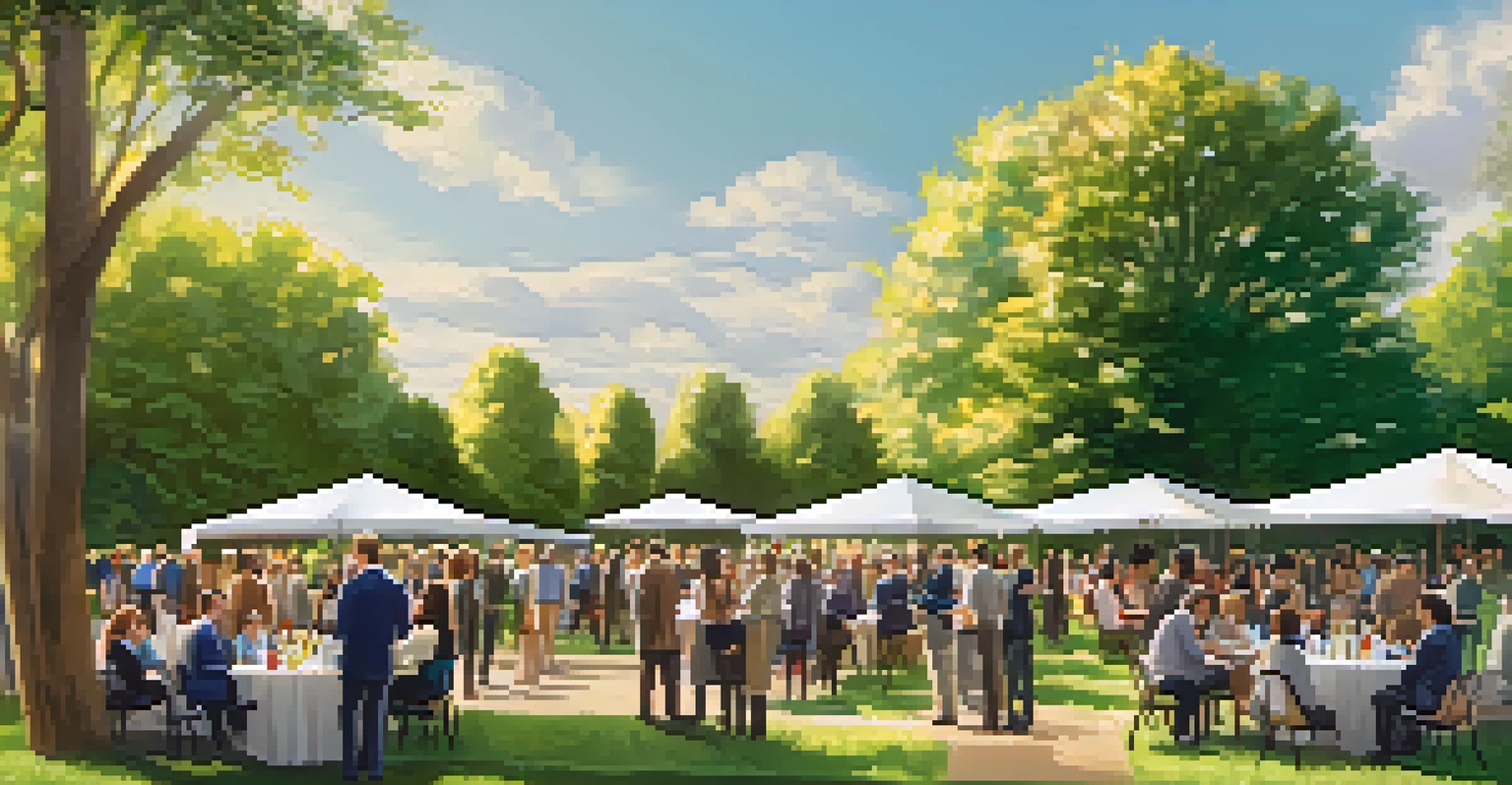 A vibrant outdoor networking event with professionals talking and exchanging business cards in a park.