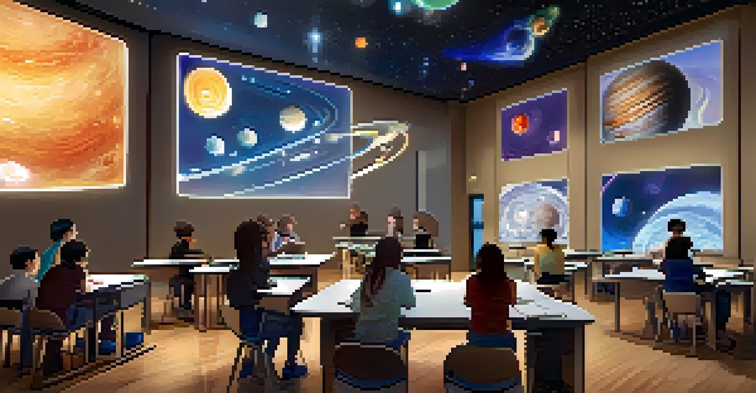Students in a classroom using augmented reality headsets to explore a digital solar system, with glowing planets and stars projected in the air.