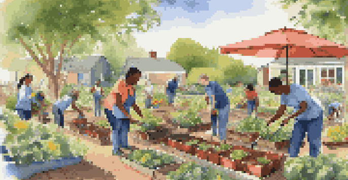 A group of diverse volunteers planting in a community garden under a clear blue sky, surrounded by colorful flowers and greenery.