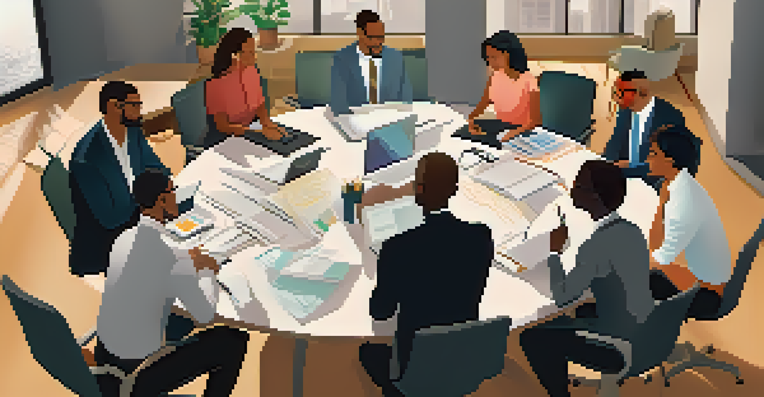 A diverse group of professionals in a modern office discussing mentorship and sharing ideas around a table with laptops and notebooks.