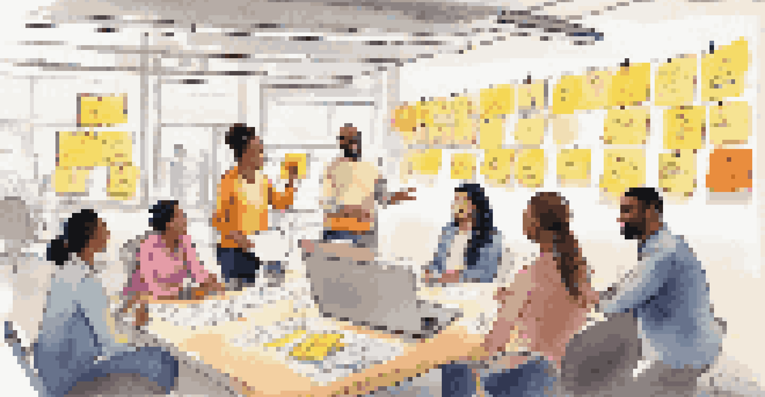 A team of diverse employees brainstorming ideas with sticky notes and whiteboards in a warm-lit room.