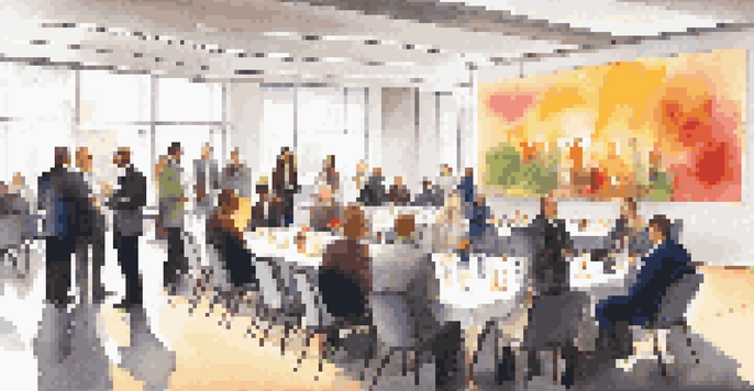 A bustling networking event in a bright conference room with attendees engaging in conversations.