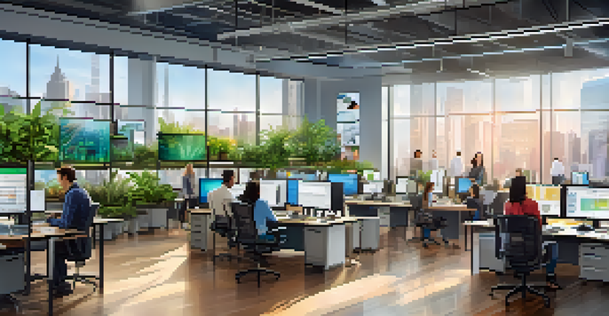 A lively tech office filled with diverse people working together, large screens showing data, and a bright, airy atmosphere.