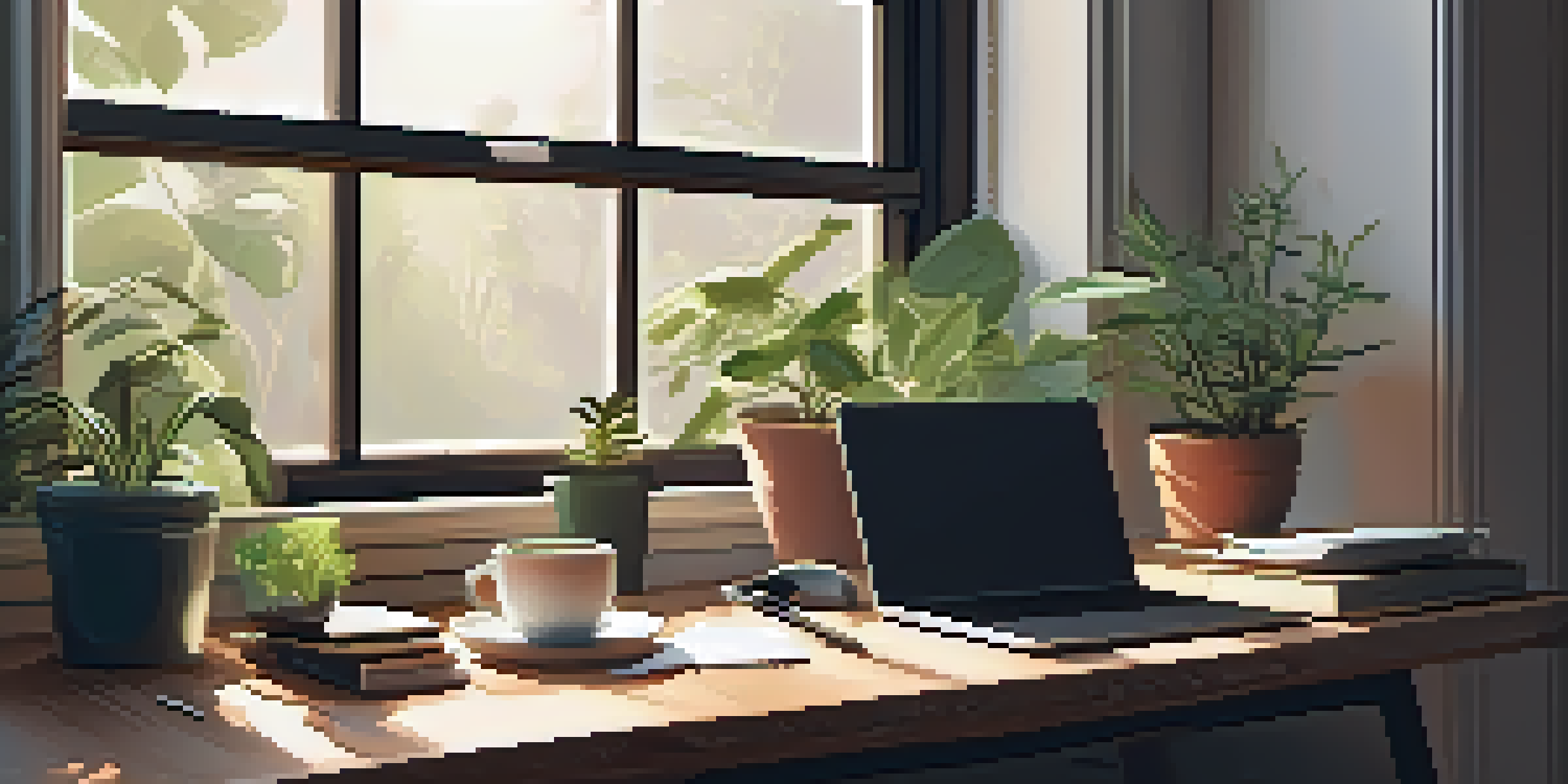 A calm workspace featuring a laptop, plants, a coffee mug, and a notepad, illuminated by soft morning light.