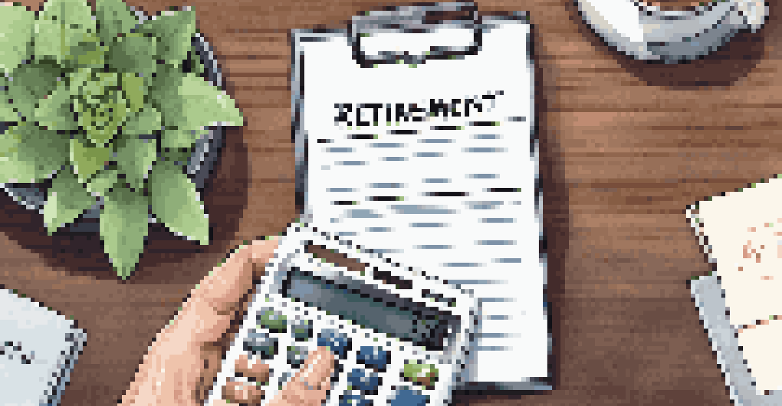 A close-up of a hand with a calculator and notepad on a desk filled with financial documents and a cup of coffee.