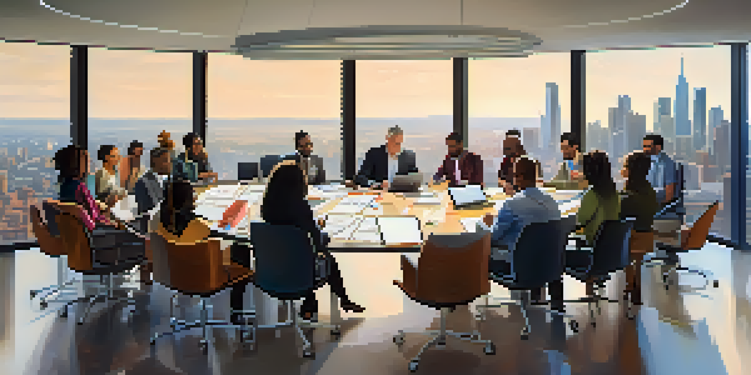 A diverse group of professionals collaborating in a brightly lit conference room, surrounded by papers and laptops, with a city skyline visible through the windows.