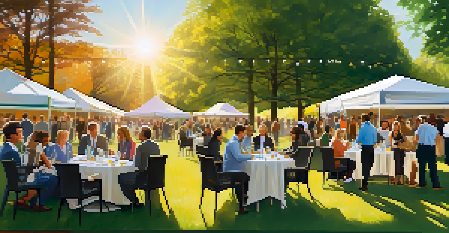 A vibrant outdoor networking event in a park with professionals mingling under the sun.