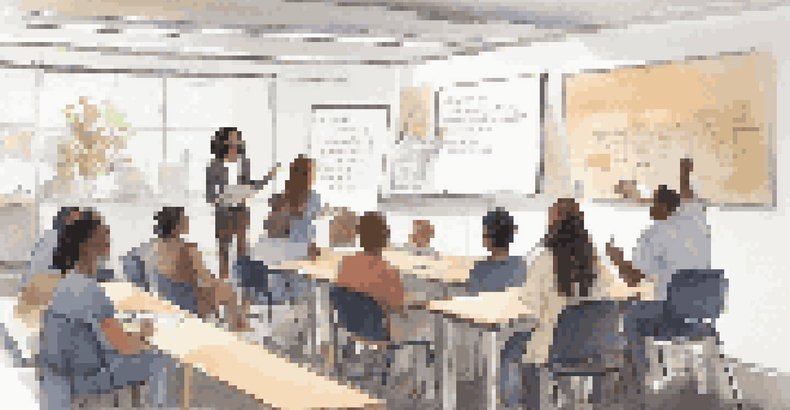 A volunteer teaching a resume writing workshop to a group of young adults in a well-lit indoor setting.