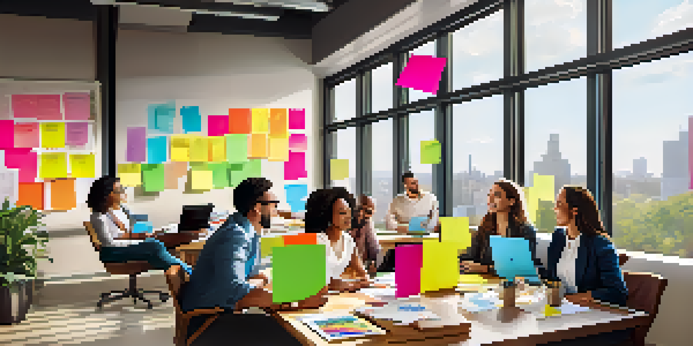 A diverse team of professionals working together in an office, surrounded by colorful sticky notes and laptops, in a bright and open space.