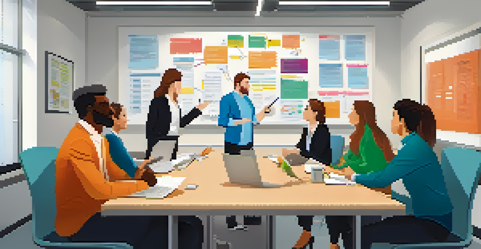 A group of colleagues in a conference room discussing ideas around a table, with a whiteboard in the background.