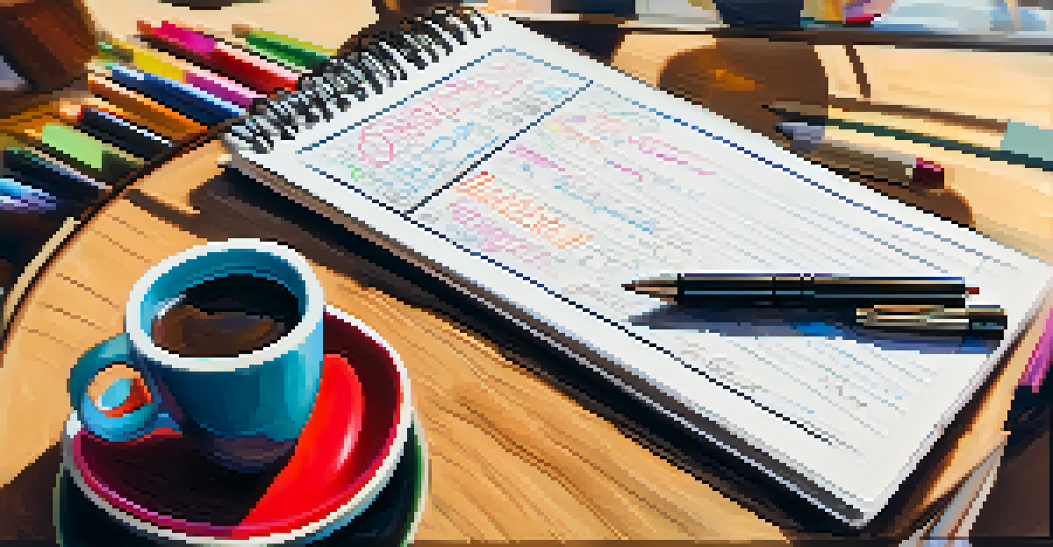 A notepad with a personal brand statement and colorful pens on a café table, symbolizing creativity and self-reflection.