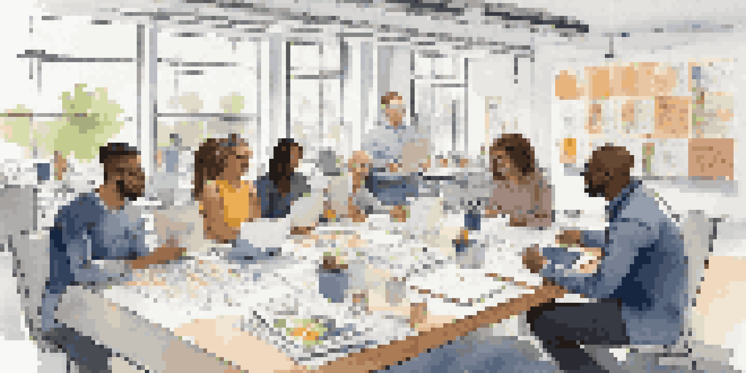 A diverse group of employees collaborating in a workshop setting, discussing ideas around a table with notepads and laptops in a well-lit room.