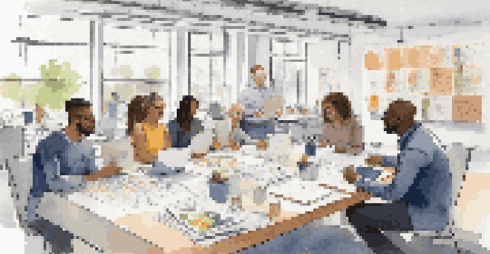 A diverse group of employees collaborating in a workshop setting, discussing ideas around a table with notepads and laptops in a well-lit room.