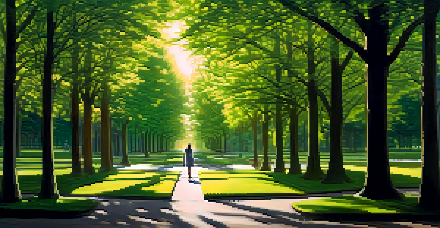 A person contemplating two paths in a park, representing choices in career development such as networking and skill enhancement.