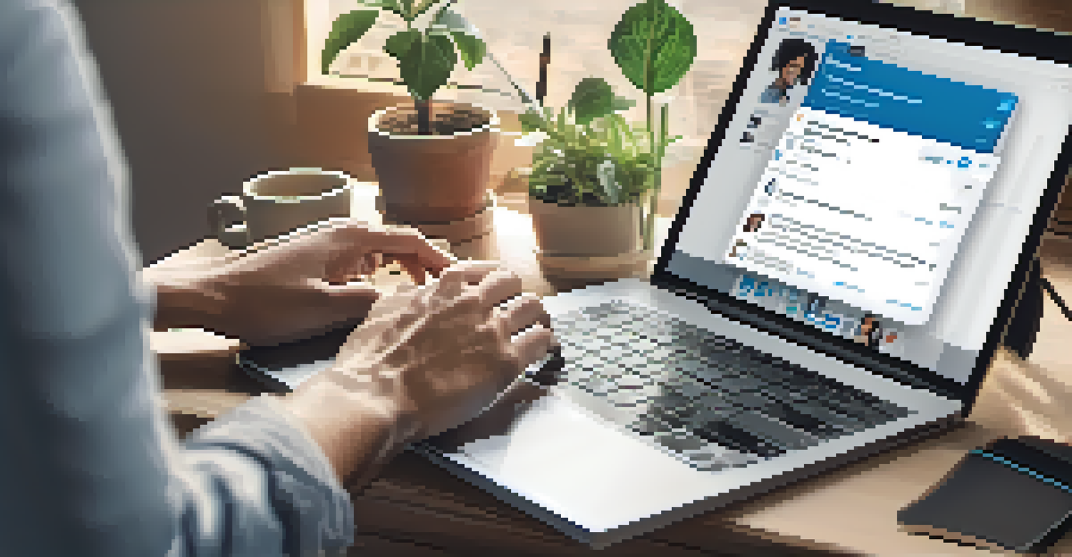 Close-up of hands typing on a laptop displaying a LinkedIn profile, representing online networking and professional connections.