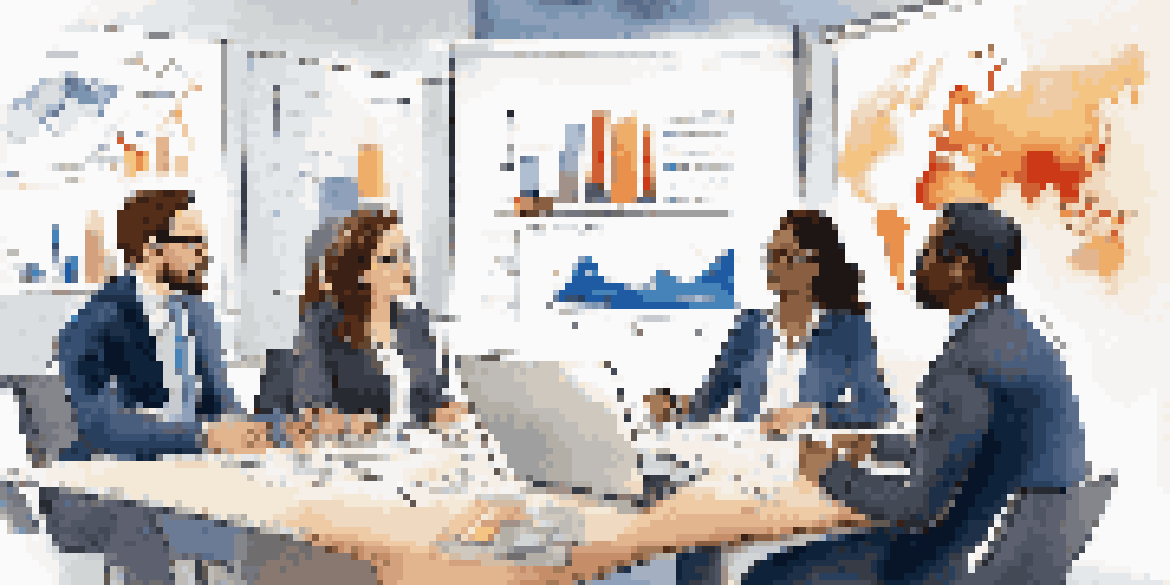 Diverse professionals discussing ideas around a conference table in a modern office.