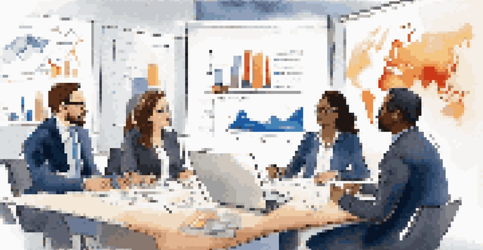 Diverse professionals discussing ideas around a conference table in a modern office.