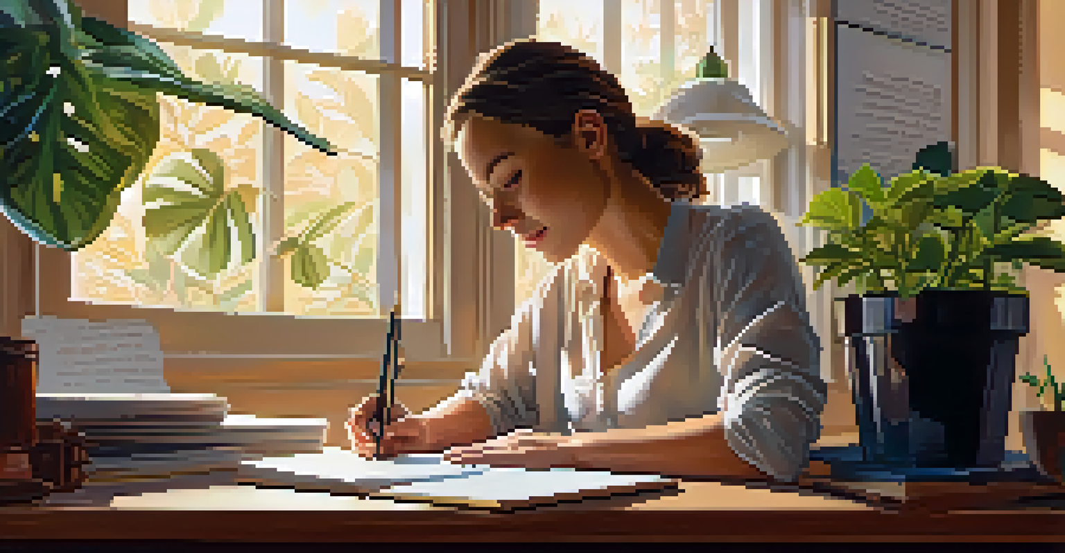 A person reflecting at their desk, writing in a journal with a warm lamp light, symbolizing self-awareness.