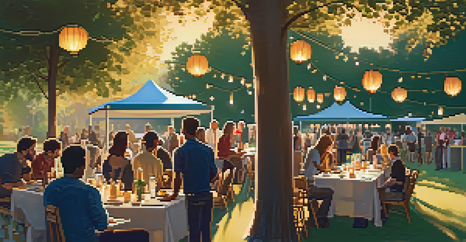 Professionals networking outdoors in a park during sunset with trees and lanterns.