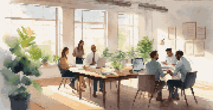 A diverse group of professionals engaged in a feedback session in a bright office, with sunlight streaming through a large window.