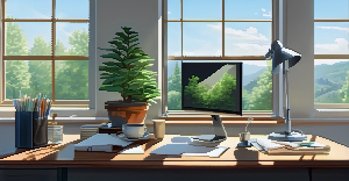 A bright and serene office space with a wooden desk, laptop, potted plant, and a cup of coffee, with large windows showing trees and a blue sky outside.