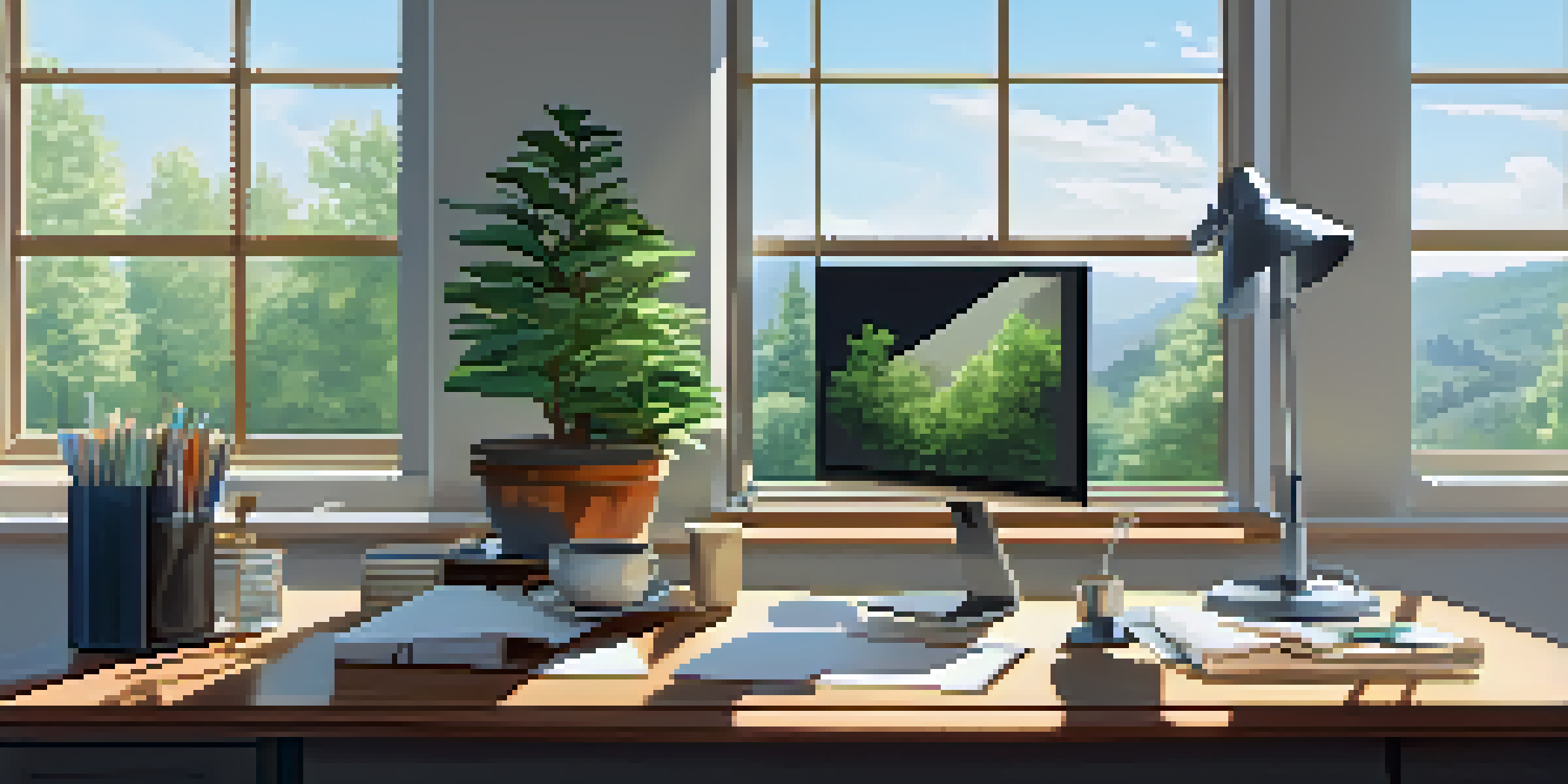 A bright and serene office space with a wooden desk, laptop, potted plant, and a cup of coffee, with large windows showing trees and a blue sky outside.