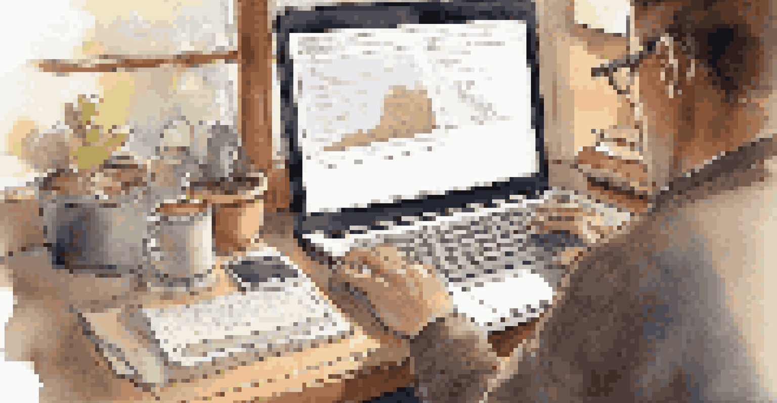 A close-up of a person typing on a laptop with notes and coffee, showcasing a warm and focused working environment.