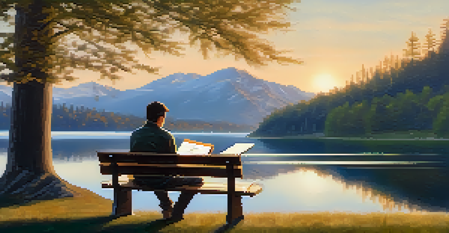 A person reflecting on their career journey outdoors, seated on a bench with a notepad, surrounded by a scenic view during golden hour.