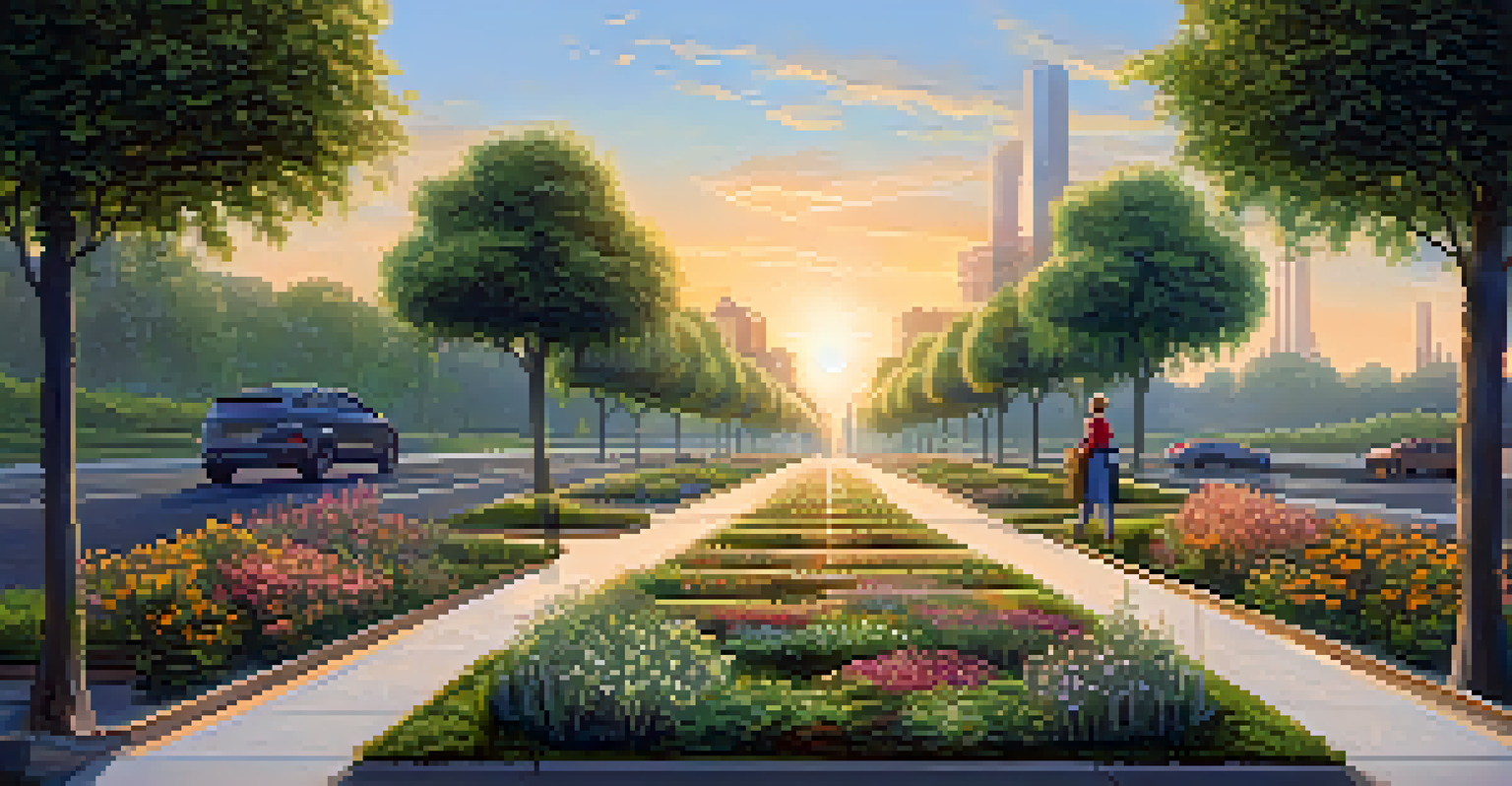 A person at a crossroads with signs pointing to different career paths, surrounded by greenery and flowers in warm golden hour light.