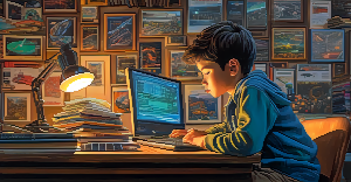 A young boy coding on an old computer surrounded by books and posters of rockets and electric cars.