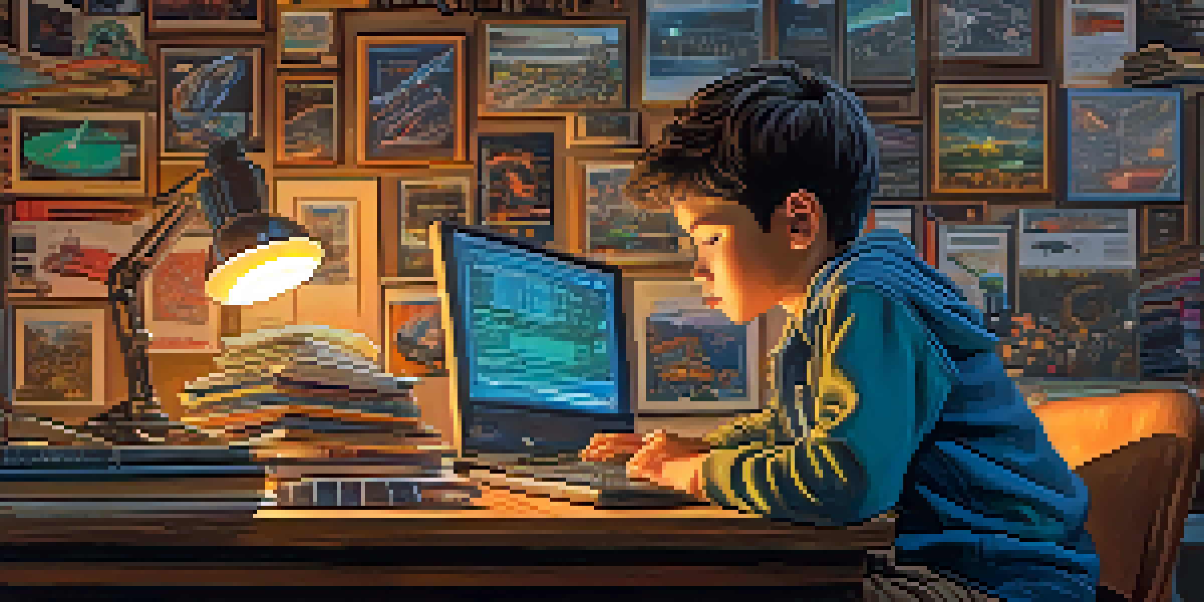 A young boy coding on an old computer surrounded by books and posters of rockets and electric cars.
